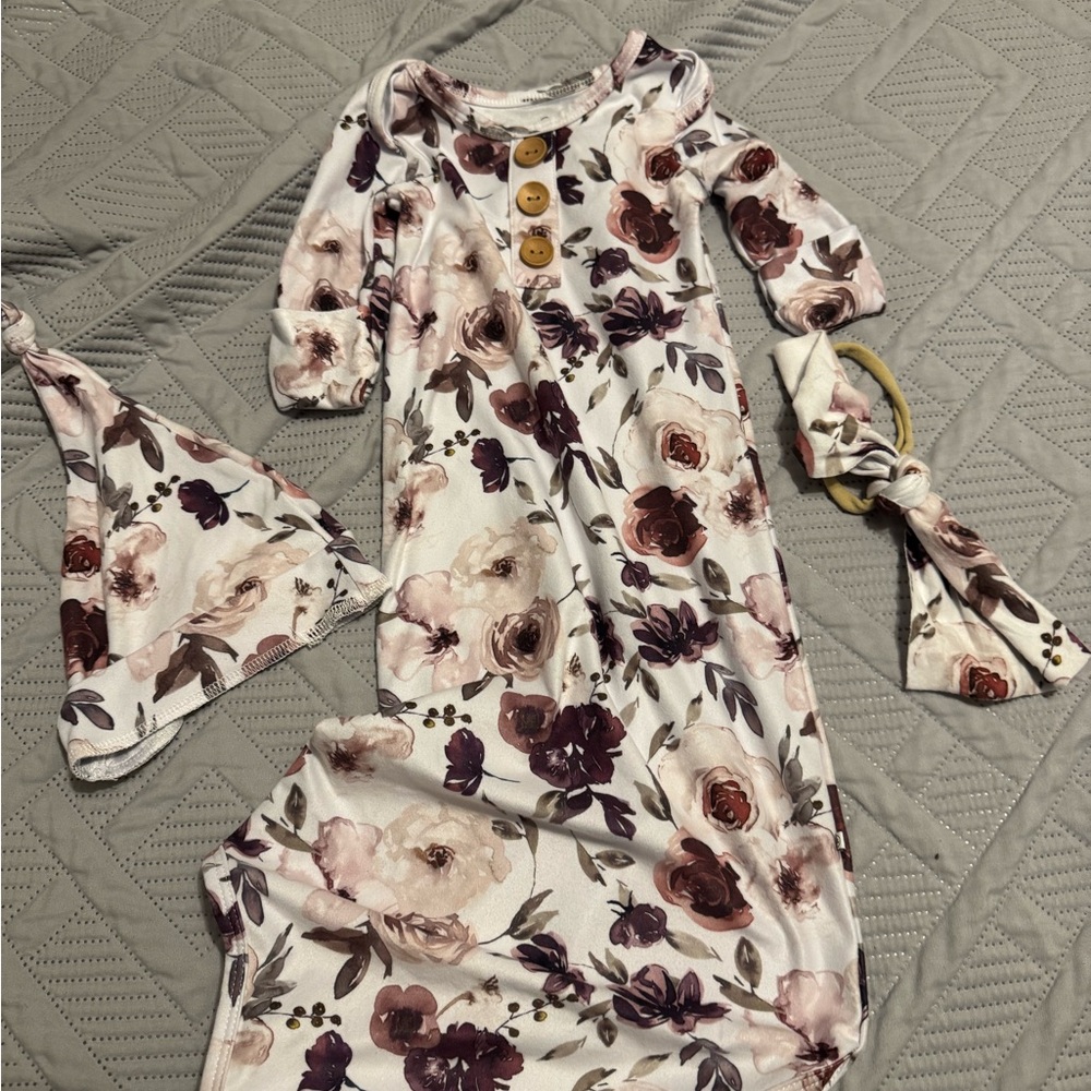 Floral Baby Gown with Matching Hat and Headband